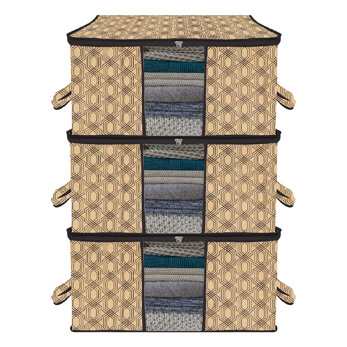 Heart Home Underbed Storage Bag | Clothes Storage Organizer | Blanket Cover with Clear Window | Zipper Closure & Handle Cloth Organizer | Check-Design | Large | Pack of 3 | Coffee