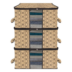 Heart Home Underbed Storage Bag | Clothes Storage Organizer | Blanket Cover with Clear Window | Zipper Closure & Handle Cloth Organizer | Check-Design | Large | Pack of 3 | Coffee