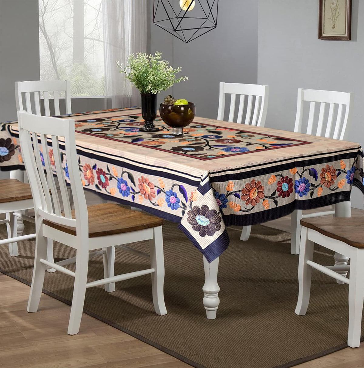 Kuber Industries Flower Printed Cotton 6 Seater Dinning Table Cover- 60"x90" (Sand)-50KM01743