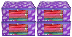 Heart Home Leaf Printed Saree Cover/Clothes Organiser For Wardrobe With Transparent Window, Pack of 4 (Purple)