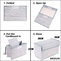 Heart Home Drawer Storage Box|Clothes Drawer Organizer with Handle|Transparent Lid with Velcro|Wardrobe Organizer for Books|Jute Printed Dhakkan Storage Box|Medium|Gray