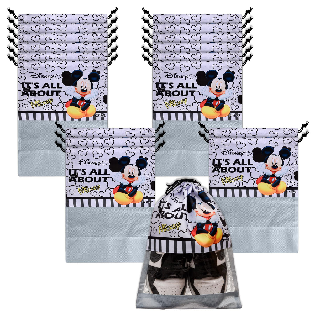 Heart Home Disney Mickey Shoe Cover | Travel Shoe Storage Bags | Polyester Storage Bag | Drawstring Shoe Cover | Shoe Organizer with Clear window | Pack of 18 | Gray