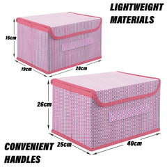 Heart Home Drawer Storage Box | Zig Zag Dhakkan Storage Box | Non-Woven Clothes Organizer | Storage Box with Handle | S | L | Pack of 2 | Pink