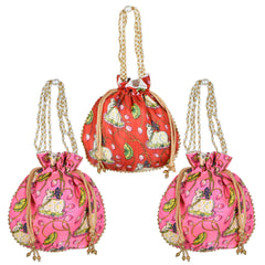 Kuber Industries Potli|Silk Wedding Potli|Wallet Potli|Christmas Gift Potli|Baby Shower Potli|Traditional Shagun Potli|Drawstring with Beads Handle Potli|Cow-Design Patli Potli|Pack of 3|Multi