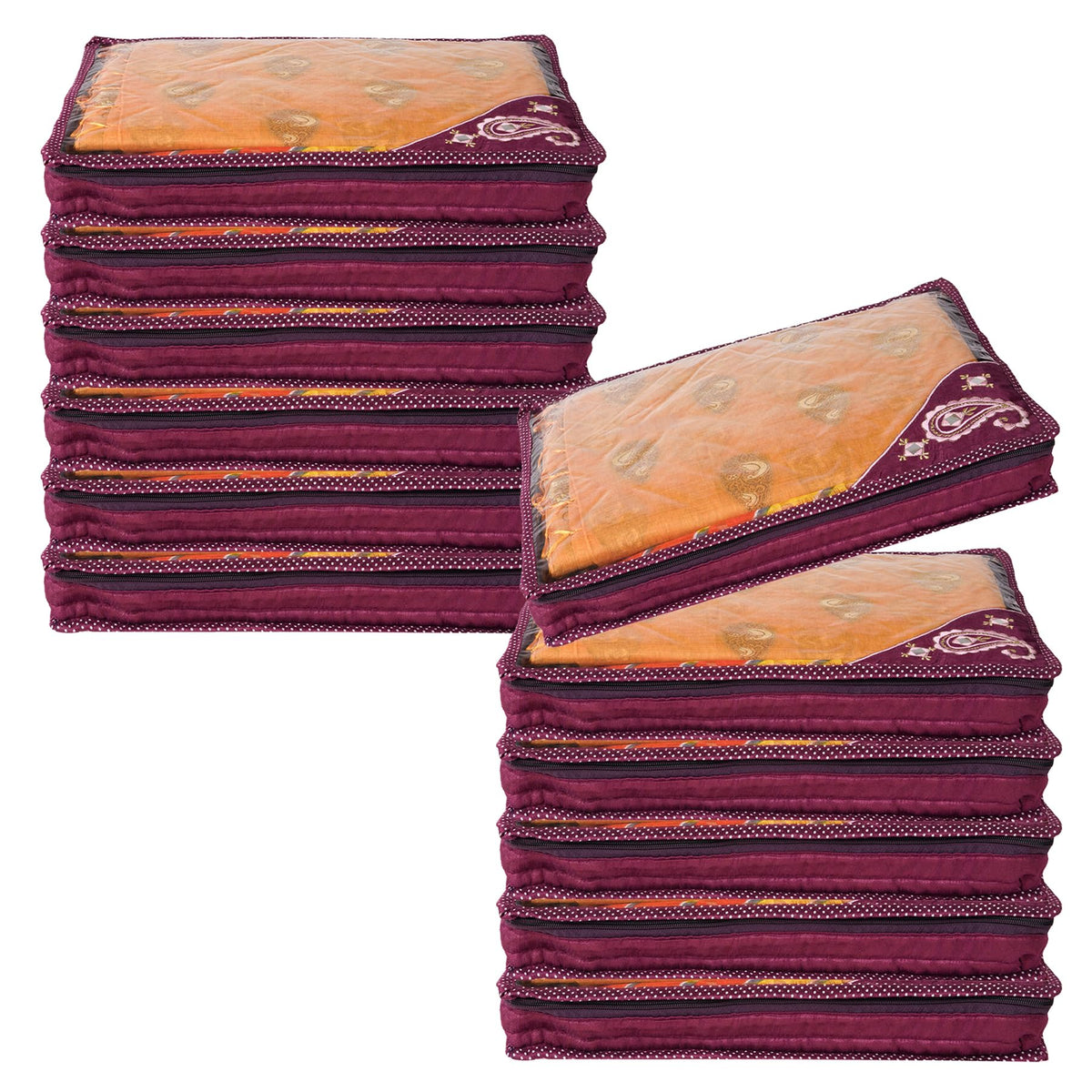 Heart Home Saree Cover | Clothes Storage Bag | Suit Packing Cover | Cloth Stoarge Organizer | Wardrobe Cloth Storage Organiser with Zip | Side Embroidery-Design | 3 Inch | Pack of 12 | Purple