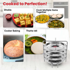 Kuber Industries Stainless Steel Khaman Dhokla Stand 4 Plates Set | Extra Deep Thatte, Idli, Dhokla Plate for Cooking | Induction & Gas Stove Compatible Cookware Set for Kitchen | Silver