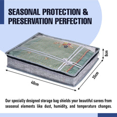 Heart Home Saree Storage Bag | Clothes Storage Bag | Wardrobe Storage Bag | Cloth Storage Organizer | Top Visible Window Saree Bag | Bow Jute-Printed | 3 Inch | Pack of 3 | Gray