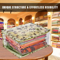 Heart Home Saree Cover | Zip Closure Saree Cover | Clothes Storage Bag | Wardrobe Organiser for Suit | Side Transparent Saree Cover | Bow-Leaf-Design | 9 inch | Pack of 2 | Green