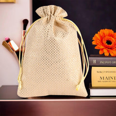 Heart Home Potli | Zari Wedding Potli | Drawstring Closure Potli | Wallet Potli | Christmas Gift Potli | Baby Shower Potli | Traditional Shagun Potli | 9x12 Inch | Large | Pack of 4 | Golden