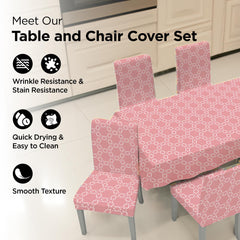 Kuber Industries Set of 5 Waterproof & Oil Repellent Dining Table Chair Cover 4 Seater Full Set | Washable & Dustproof Table & Seat Cover Protector Slipcover | Geometric Pattern Pink