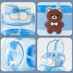 Kuber Industries Pack of 2 Kids Water Bottle With Straw |Cute Teddy Bear Sipper Water Bottle For Kids Boys Girls| Water Bottle with Locking Flip Lid | 1000 ML | Blue | SYZ-7728C