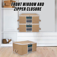 Heart Home Underbed Storage Bag | Clothes Storage Organizer | Blanket Cover with Clear Window | Zipper Closure & Handle Cloth Organizer | Plain White Border | Large | Pack of 3 | Brown