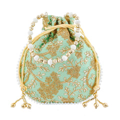 Kuber Industries Ethnic Clutch Silk 2 Pieces Potli Batwa Pouch Bag with Beadwork Gift for Women (Green & Pink) - CTKTC42151