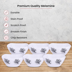 Heart Home Shatter Resistant Melamine White Bowls Set of 6 | Lightweight, BPA Free Aesthetic Bowl Set | Black Tree Print - White