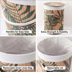 Kuber Industries Foldable Bamboo Laundry Basket For Clothes With Lid & Rope Handle | Eco Friendly Washing Clothes Bucket/Storage Box Organizer | BS016-Leaf Print - Natural Wooden Brown