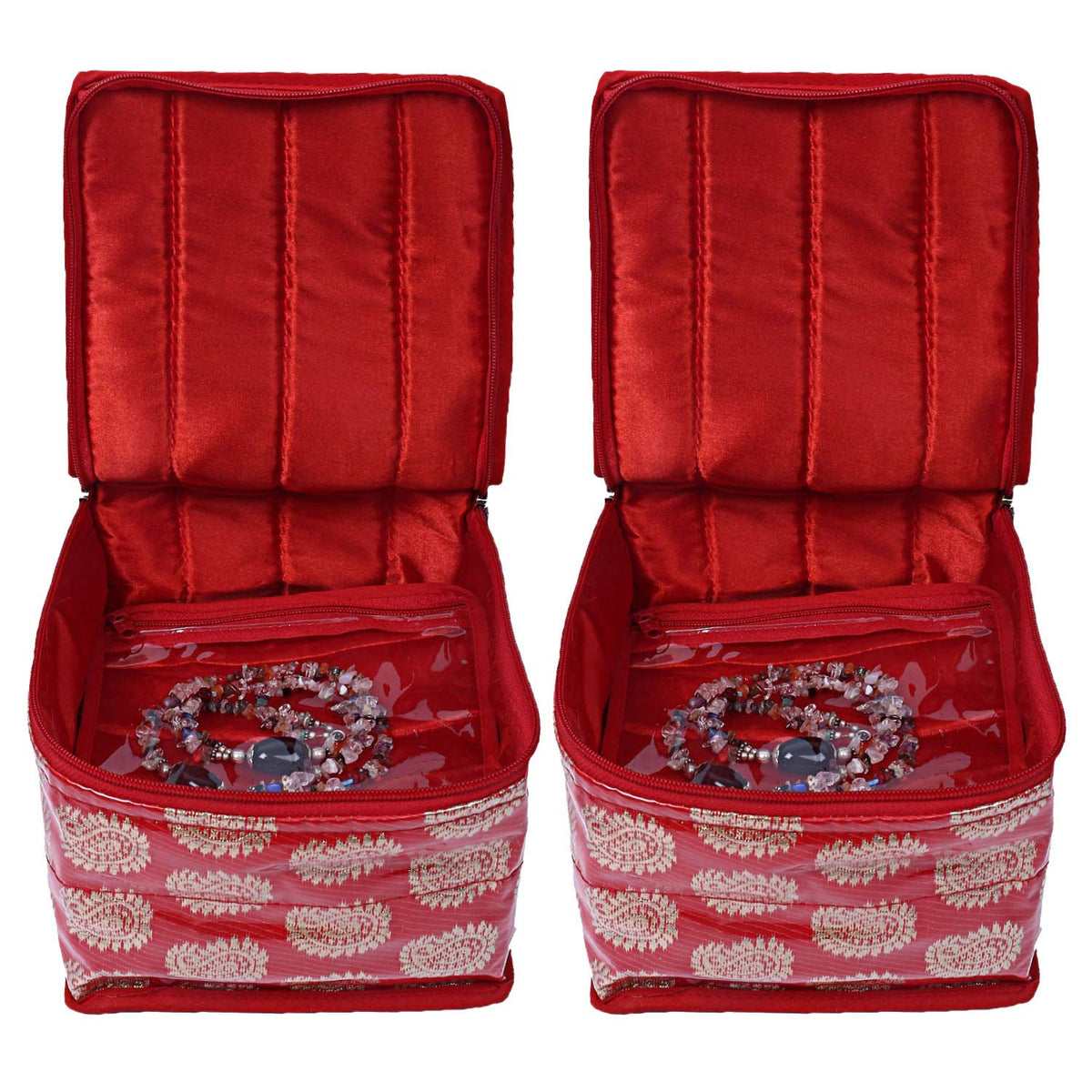 Kuber Industries Brocade Jewellery Box/Organizer with 10 Pouch CTKTC21467 (Red, Standard) - 2 Piece