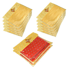 Heart Home Saree Cover | Clothes Storage Bag | Single Packing Saree with Velcro | Wardrobe Organizer | Cloth Stoarge Organizer | Check Jama Brooch-Design | Pack of 12 | Yellow