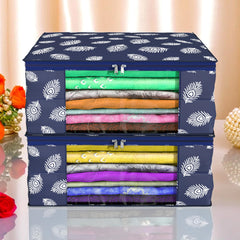 Heart Home Saree Cover | Clothes Storage Bag | Storage Organizer Bag | Zip Closure Saree Cover | Wardrobe Organizer | Peacock Feather-Design | 6 Inch | Pack of 2 | Navy Blue