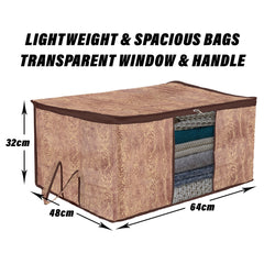 Heart Home Underbed Storage Bag | Clothes Storage Organizer | Blanket Cover with Clear Window | Zipper Closure & Handle Cloth Organizer | Wooden Texture-Design | Large | Pack of 3 | Brown