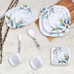 Kuber Industries 31 Pcs Square Unbreakable Microwave & Dishwasher Safe Melamine Dinnerware Kitchen Crockery Set | Glossy Dinner Sets & Kitchen Set for Home | Blue Flower - White