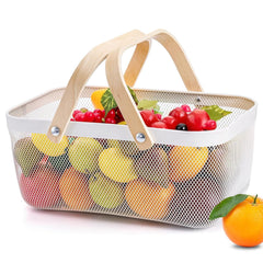 Urbane Home Metal Mesh Basket for Storage with wooden handle| 720gm | Fruit Basket and Vegetable Basket for Kitchen | Kitchen Organizer | Baskets for Organizing Home | White | Multipurpose |