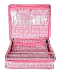 Heart Home Jewellery Kit | Check Design Vanity Box for woman | Laminated Jewellery Kit with Support | Jewellery Kit with 5 Pouch & Bangle Roll | Pack of 2 | Pink