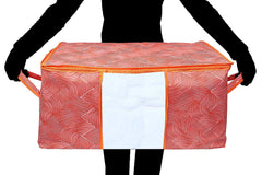 Kuber Industries Laheriya Design Non Woven Underbed Bag|Storage Organiser|Blanket Cover with Transparent Window|Storage Bag For Clothes Large|Pack of 3 (Orange)