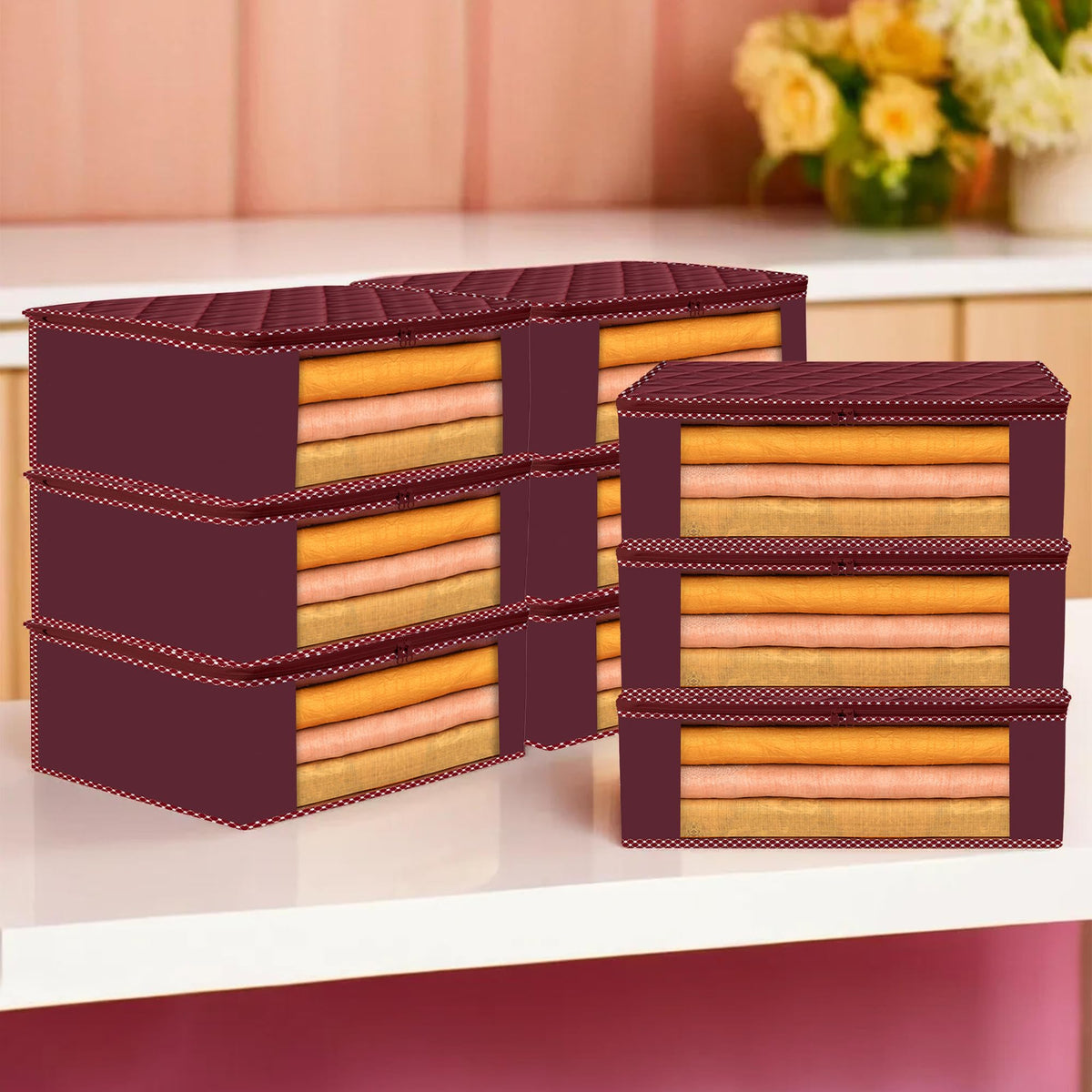 Heart Home Saree Cover | Clothes Storage Bag | Storage Organizer Bag | Zip Closure Saree Cover | Wardrobe Organizer | Dot Border-Design | 6 Inch | Pack of 9 | Maroon
