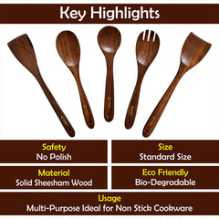 Urbane Home Sheesham Handicrafts Wooden Serving and Cooking Spoons | No Harmful Polish | Naturally Non-Stick | Wood Brown Spoons Kitchen Utensil | Handmade Spatula Set of 5