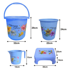 Heart Home Printed 4 Pieces Unbreakable Virgin Plastic Multipurpose Bucket, Dustbin, Mug & Stool Set (Blue)