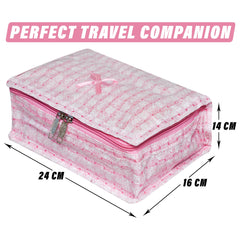 Heart Home Makeup Storage Bag | Vanity Box for woman | Laminated Watch Organizer | Cosmetic Storage Kit | Makeup Kit with Handle | 8 Pouch Jewellery Storage Bag | Check-Design | Pink