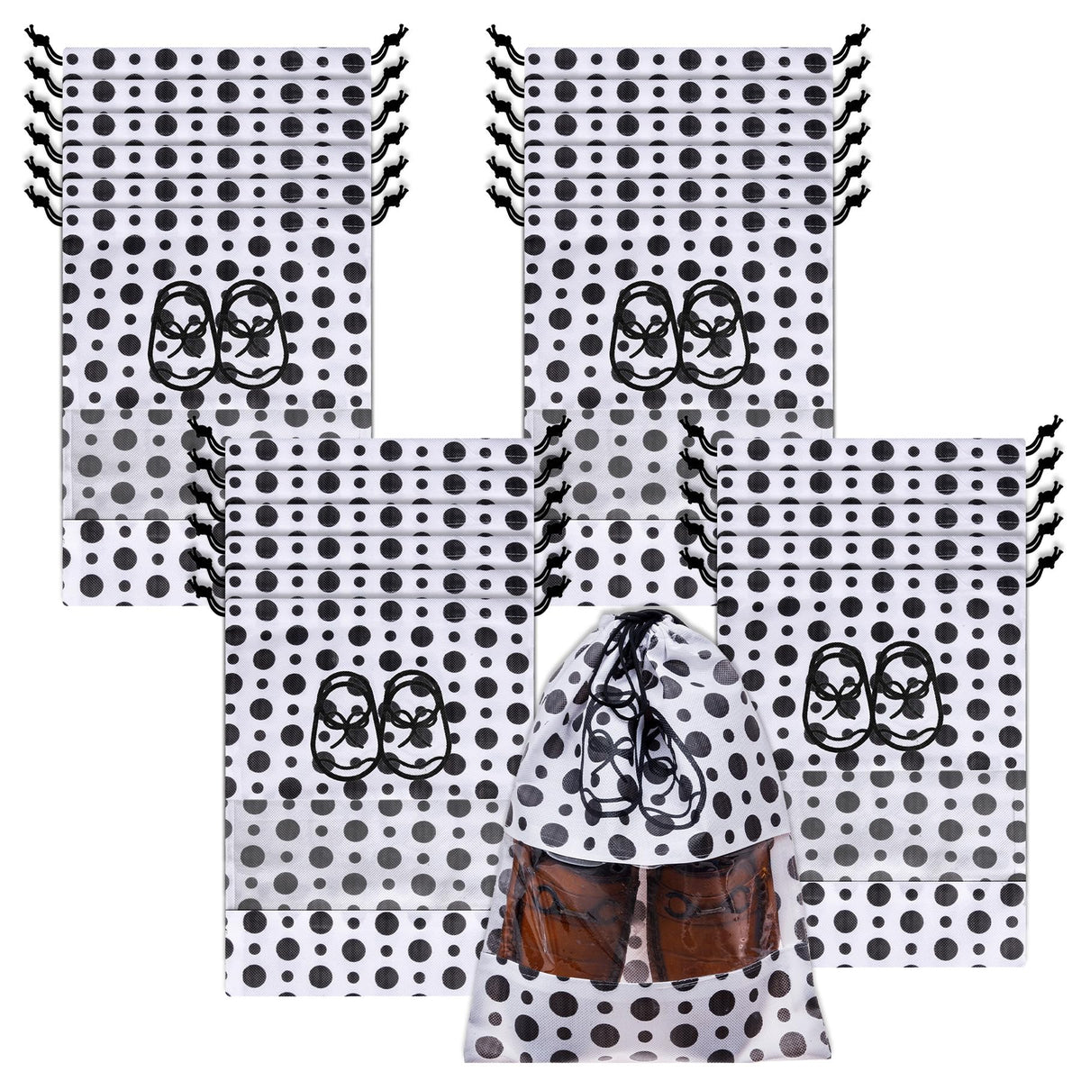Heart Home Shoe Cover | Travel Shoe Storage Bags | Non-Woven Storage Bags | Shoe Cover with Drawstring | Shoe Organizer with Clear window | Black Dot-Design | Pack of 24 | White