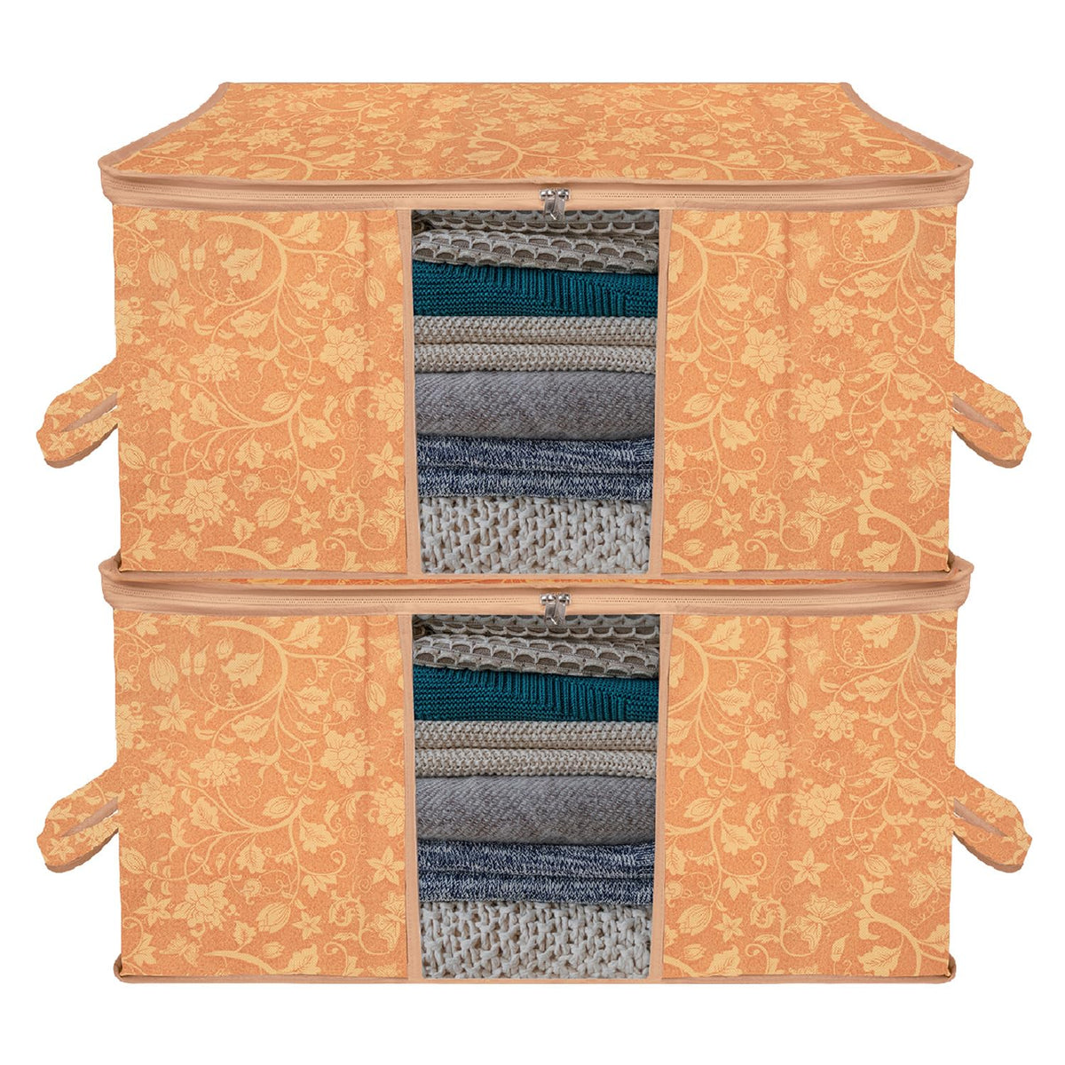 Heart Home Underbed Storage Bag | Clothes Storage Organizer | Blanket Cover with Clear Window | Zipper Closure & Handle Cloth Organizer | New Flower-Design | Large | Pack of 2 | Brown