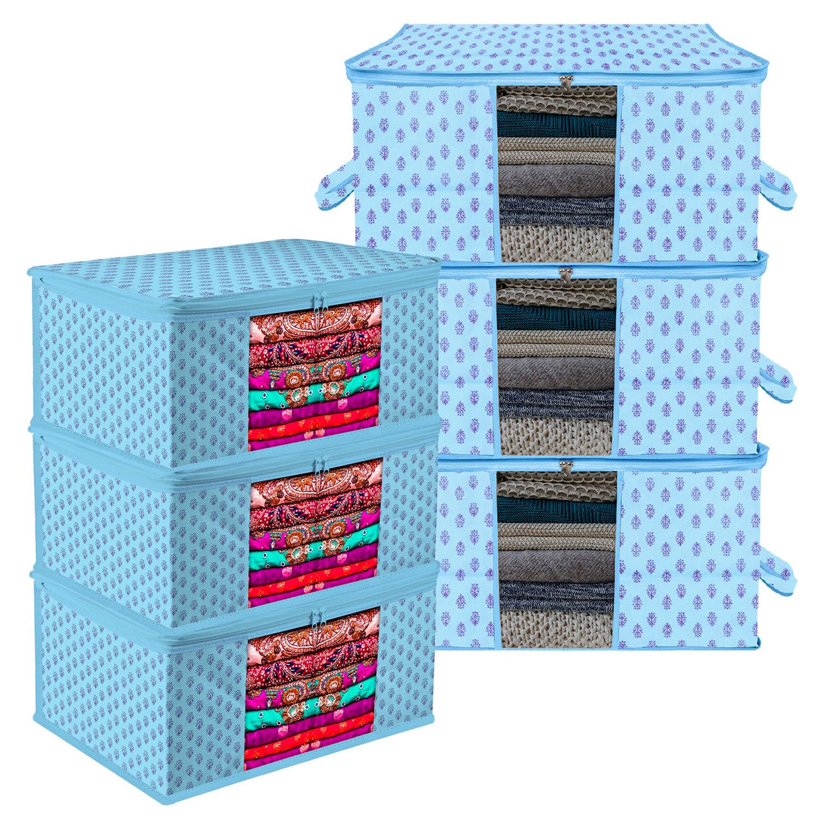 Heart Home Saree Cover & Underbed Stoarge Bag Set | 3 Pieces Saree & 3 Pieces Underbed Storage Bag Combo Set | Zipper Closure & Handle | Floral-Design | Set of 6 | Blue