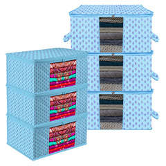 Heart Home Saree Cover & Underbed Stoarge Bag Set | 3 Pieces Saree & 3 Pieces Underbed Storage Bag Combo Set | Zipper Closure & Handle | Floral-Design | Set of 6 | Blue