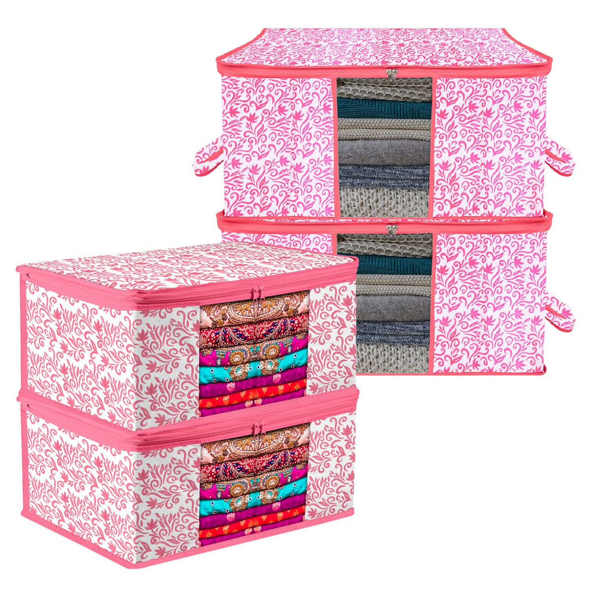 Heart Home Saree Cover & Underbed Stoarge Bag Set | 2 Pieces Saree & 2 Pieces Underbed Storage Bag Combo Set | Zipper Closure & Handle | Leaf-Design | Set of 4 | Pink