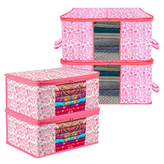 Heart Home Saree Cover & Underbed Stoarge Bag Set | 2 Pieces Saree & 2 Pieces Underbed Storage Bag Combo Set | Zipper Closure & Handle | Leaf-Design | Set of 4 | Pink