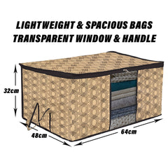 Heart Home Underbed Storage Bag | Clothes Storage Organizer | Blanket Cover with Clear Window | Zipper Closure & Handle Cloth Organizer | Check-Design | Large | Pack of 4 | Coffee