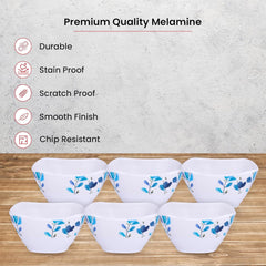 Heart Home Shatter Resistant Melamine White Bowls Set of 6 | Lightweight, BPA Free Aesthetic Bowl Set | Blue Flower Print - White
