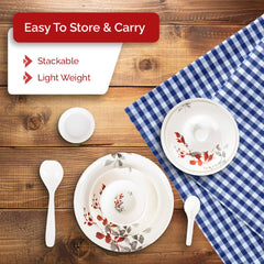 Kuber Industries 40 Pieces Round Melamine Microwave & Dishwasher Safe Dinnerware Kitchen Crockery Set | Glossy Dinner Sets & Kitchen Set for Home | Deluxe Red Gray Floral - White