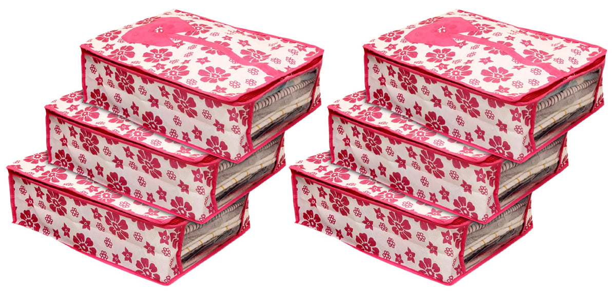 Kuber Industries Flower Printed Foldable Non-Woven Shirt T-Shirt Trousers Jeans Organizer with Clear Window- Pack of 6 (Pink) -HS43KUBMART26192
