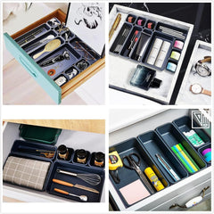 Kuber Industries 8 Pcs Set Storage Organizer | Kitchen Organizer | Makeup Organizer Tray Set | Desk Drawer Divider Tray | Multi-Purpose Stationery Organizer with Interlock | Black