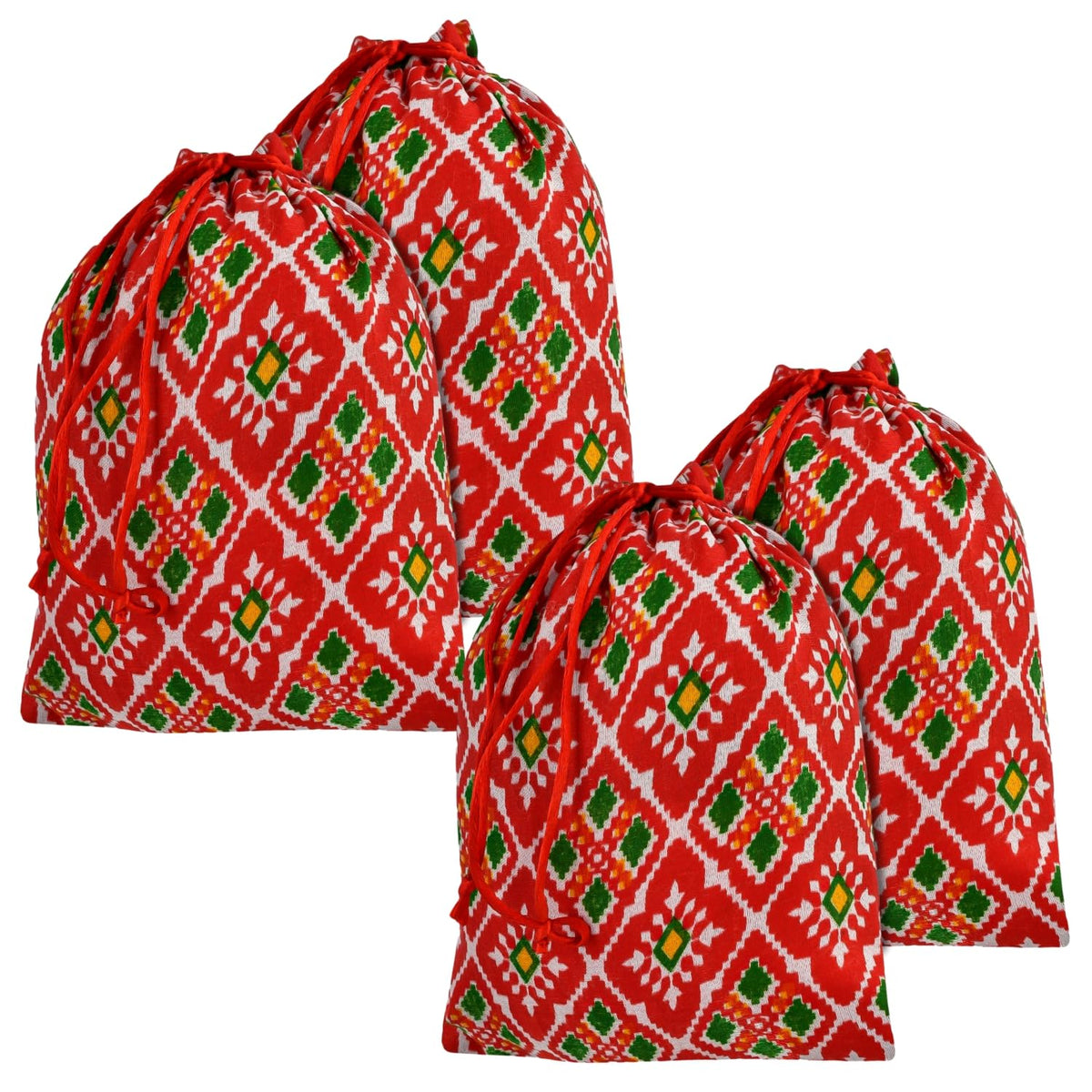 Heart Home Potli | Silk Wedding Potli | Drawstring Closure Potli | Wallet Potli | Christmas Gift Potli | Baby Shower Potli | Medium-Patola-Print Potli | 7x9 Inch | Pack of 4 | Red