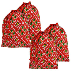 Heart Home Potli | Silk Wedding Potli | Drawstring Closure Potli | Wallet Potli | Christmas Gift Potli | Baby Shower Potli | Medium-Patola-Print Potli | 7x9 Inch | Pack of 4 | Red