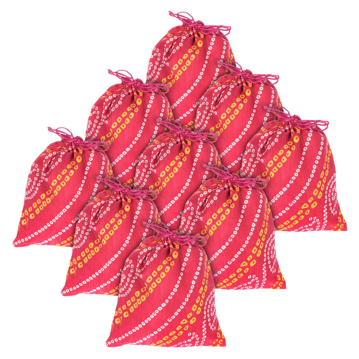 Kuber Industries Bandhej Print Potli Bag for Small Accessories, Money, Bindi With Drawstring Set of 12 (Pink)