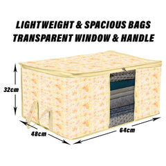 Heart Home Underbed Storage Bag | Clothes Storage Organizer | Blanket Cover with Clear Window | Zipper Closure & Handle Cloth Organizer | Red Flower-Design | Large | Pack of 3 | Ivory