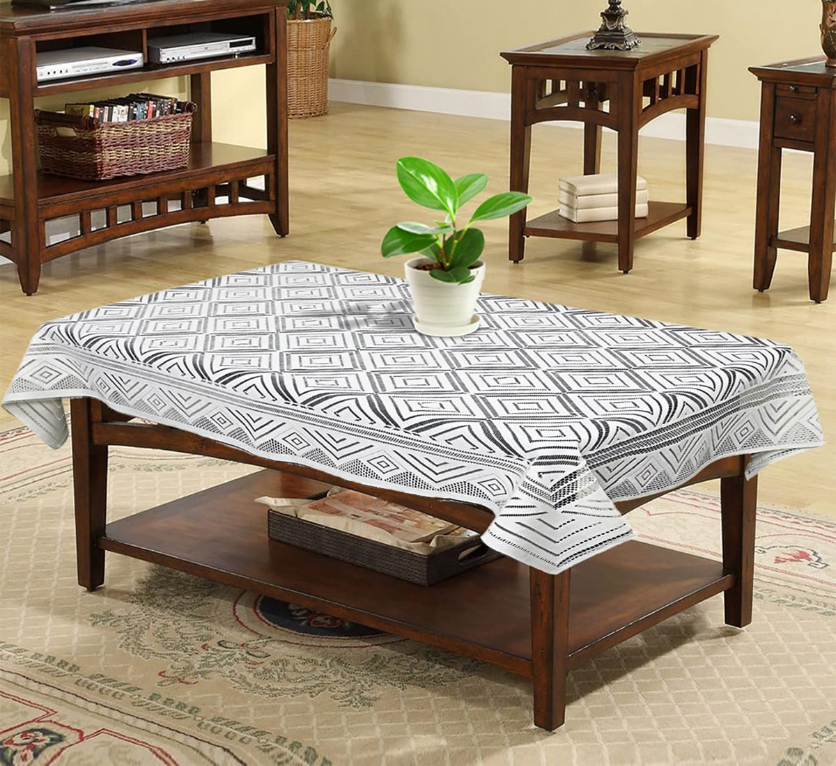 Heart Home Argyle Printed Cotton 4 Seater Center Table Cover,40"x60" (White)-44HH025