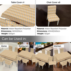Heart Home Set of 7 Waterproof & Oil Repellent Dining Table Chair Cover 6 Seater Full Set | Washable Seat Cover Protector Slipcover Cloth | Geometric Yellow & Grey Triangle Design