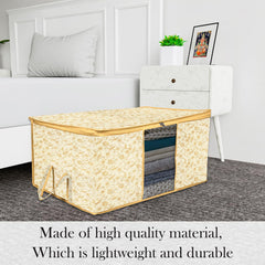 Heart Home Underbed Storage Bag | Clothes Storage Organizer | Blanket Cover with Clear Window | Zipper Closure & Handle Cloth Organizer | Leaf-Design | Large | Pack of 3 | Cream