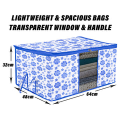 Heart Home Underbed Storage Bag | Clothes Storage Organizer | Blanket Cover with Clear Window | Zipper Closure & Handle Cloth Organizer | Flower-Design | Large | Pack of 2 | Blue